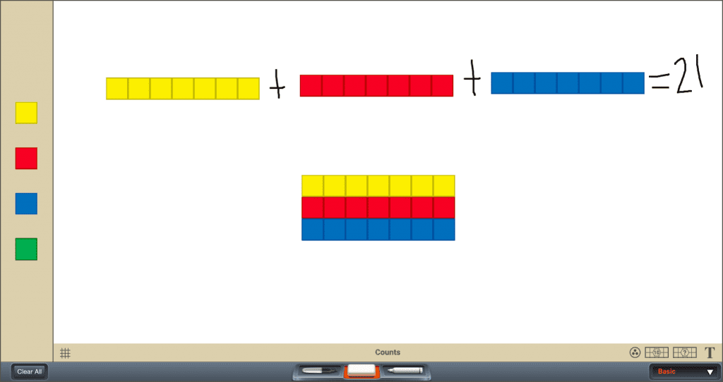 App screenshot to visualize addition as a means to learning multiplication with three 7-block bars that add up to 21