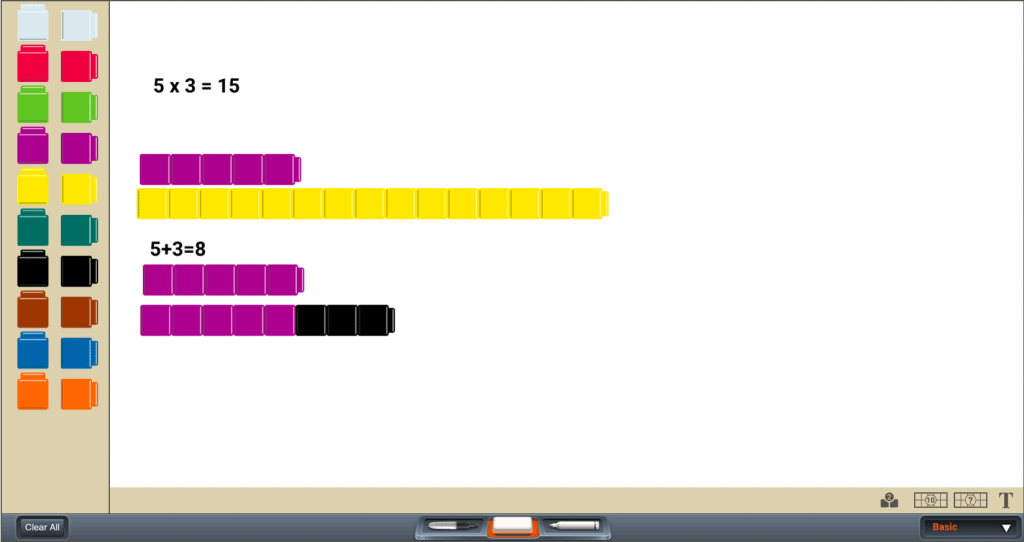 App screenshot showing multiple combinations of colored blocks to illustrate digital math manipulatives