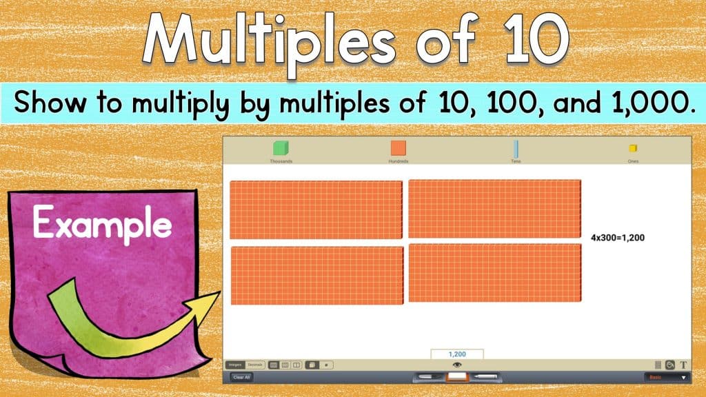 Digital math manipulatives worksheet titled multiples of 10 with an example featuring 4 sets of 300 colored blocks to visually display multiplication