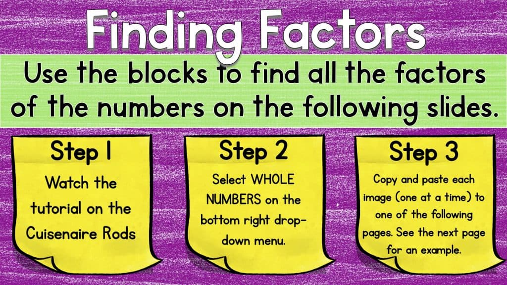 Digital math manipulatives worksheet titled Finding Factors, detailing steps on using blocks to discern factors