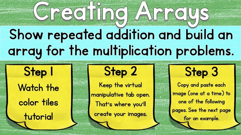 Creating Arrays worksheet detailing steps to show repeated addition to build arrays