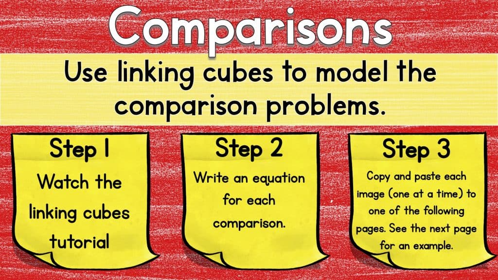 Digital math manipulatives worksheet for Comparisons, detailing steps to link cubes to model comparison problems