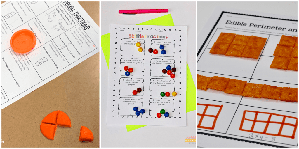 Math engagement-boosting worksheets featuring Play-doh, colorful candy, and cheese crackers as edible manipulatives