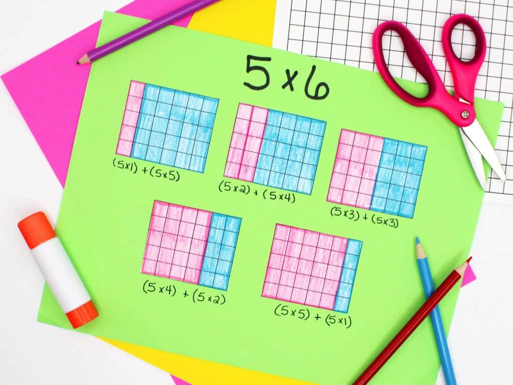 Multi-digit multiplication worksheet focused on 5 x 6 with color-coded grids