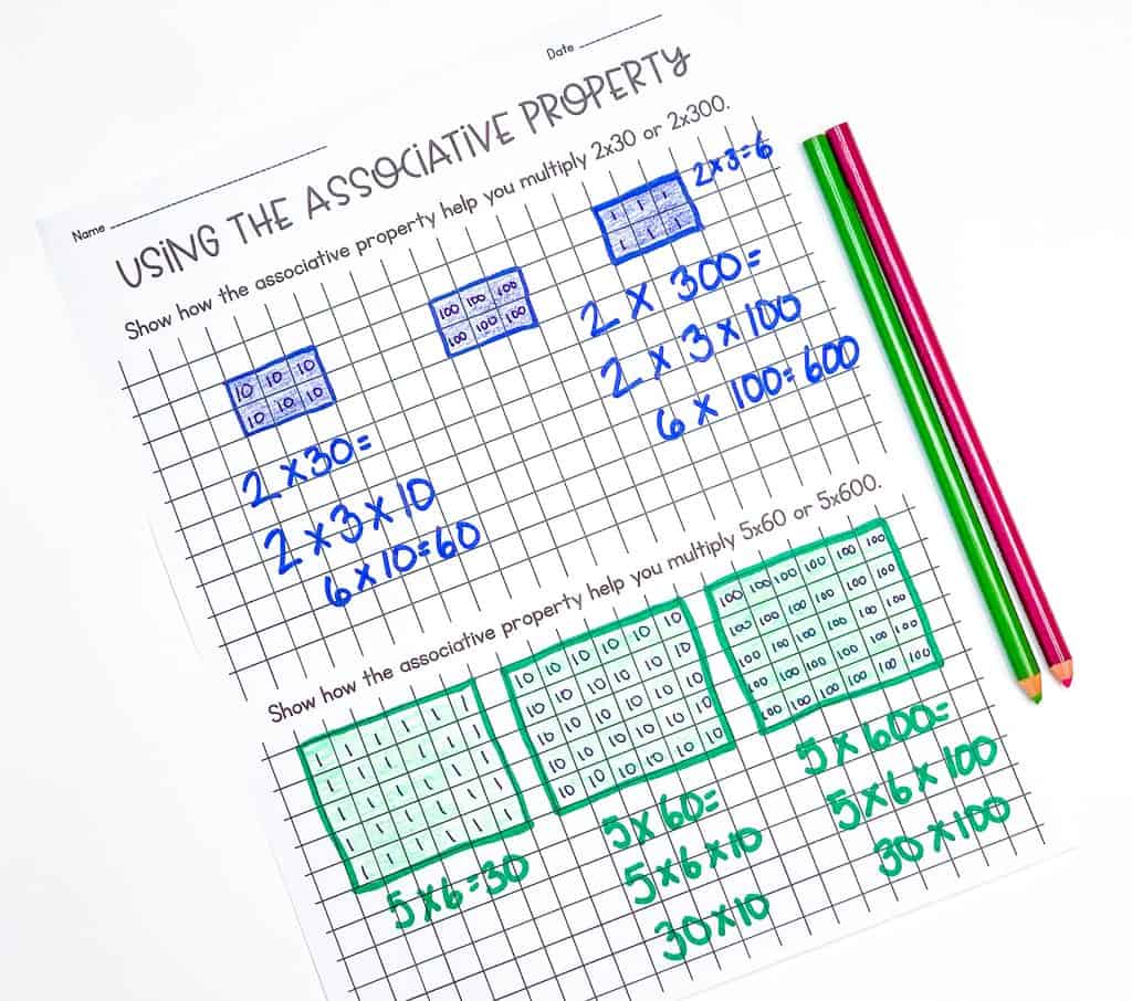 Multi-digit multiplication worksheet titled Using the Associative Property with groups of numbers highlighted