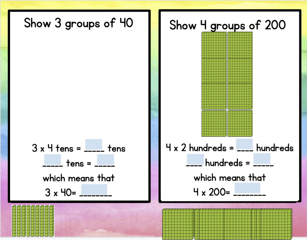 Worksheet with illustrations of colored block manipulatives to help teach multi-digit multiplication