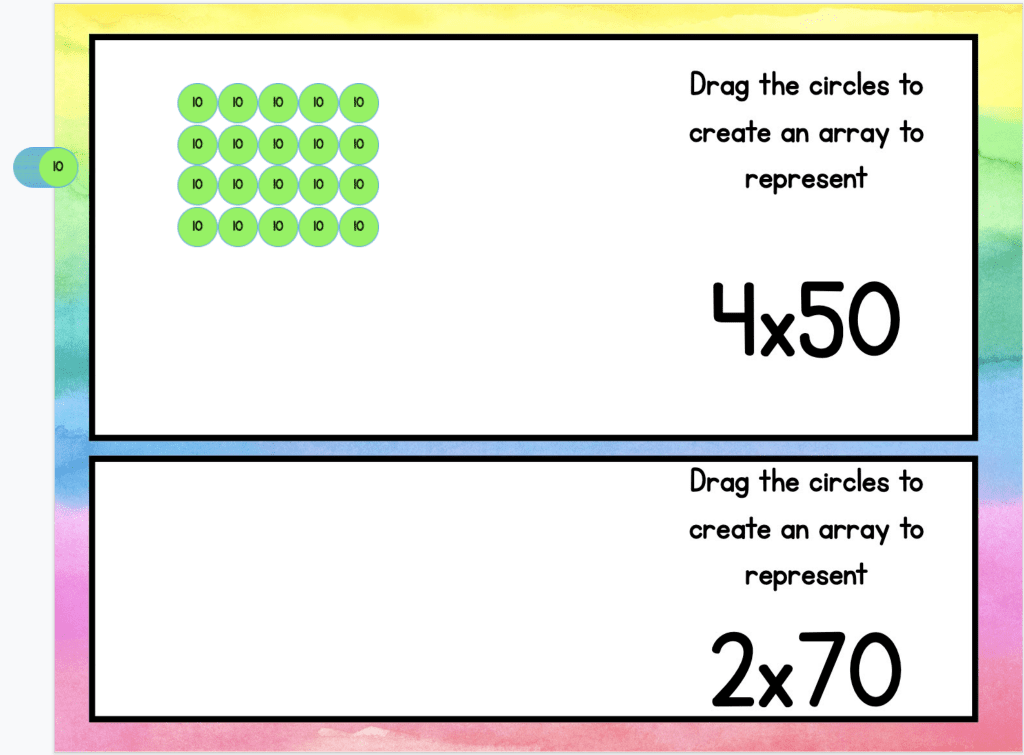 Interactive multi-digit multiplication worksheet with draggable ten tokens