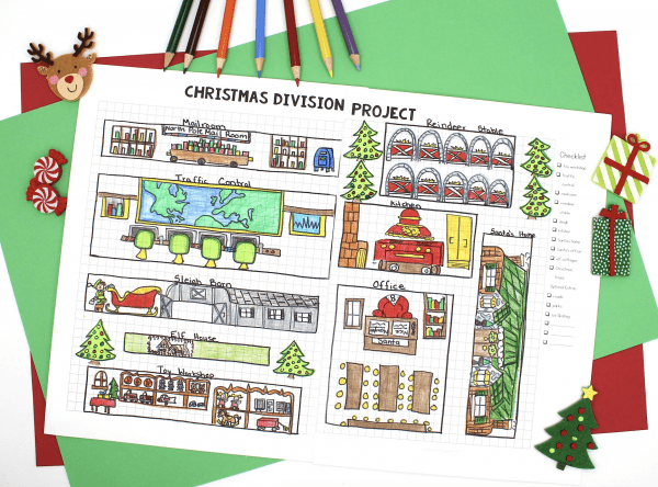 Christmas Resources: Christmas Division Project worksheet with colored pencils nearby.