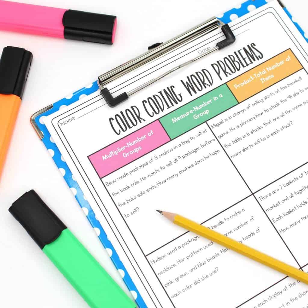 Color Coding Word Problems sheet on clipboard