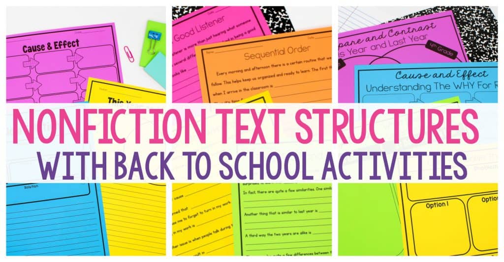 Nonfiction Text Structures With Back to School Activities text over brightly-colored worksheets.