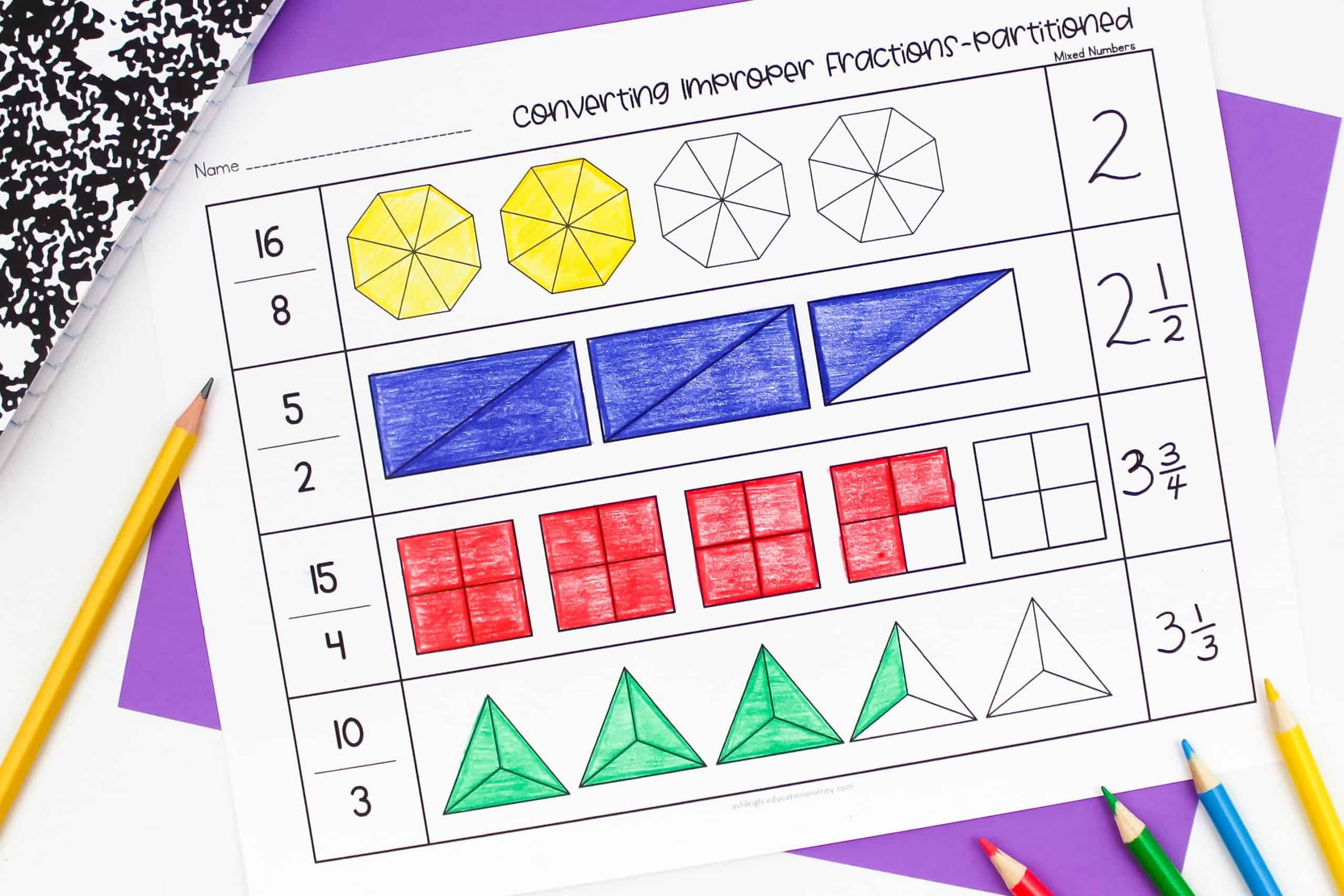 converting improper fractions to mixed numbers worksheet